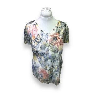 Brittany Black Women’s Short Sleeve V Neck Painted Lace Pullover Top, Size PM